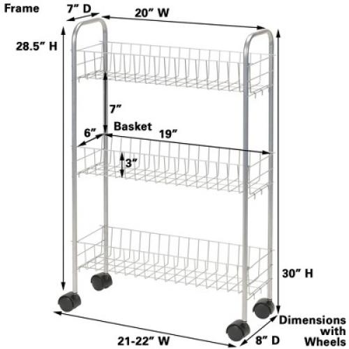 Household Essentials Slim Storage Cart, 3 Shelf Storage Cart with Wheels, Silver
