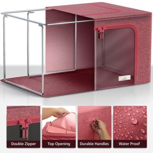Sorbus Jumbo Foldable Storage Box - Metal Frame, Oxford Fabric with Clear Window & Handles - for Bedding Linen, Clothing & More (Pink)