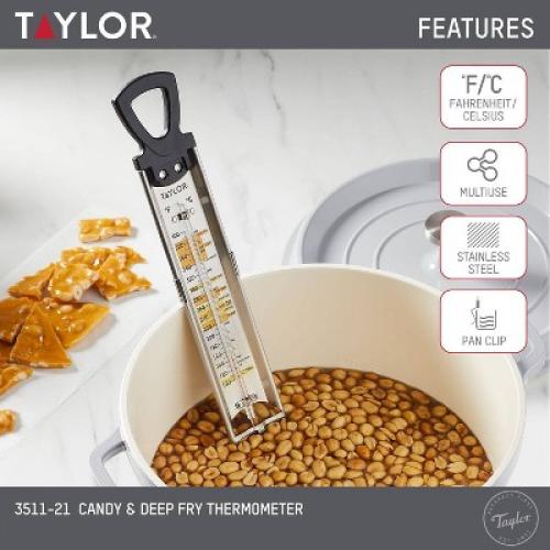 Taylor Candy Deep Fry Analog Kitchen Cooking Thermometer: Stainless Steel, Clip Mount, 100-400°F, Reads Celsius & Fahrenheit