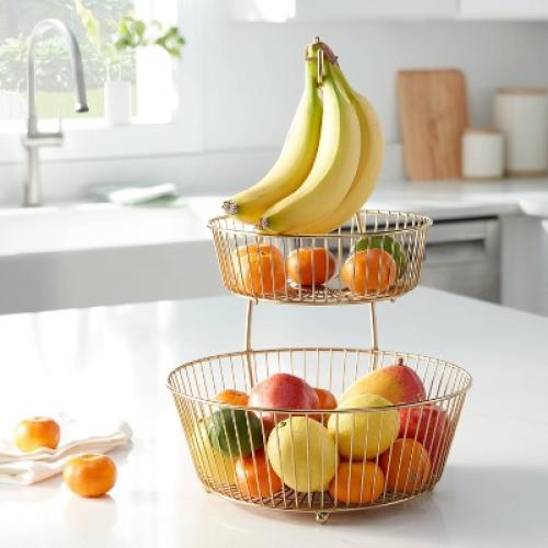 Delavan Collection Metal Wire 2-Tier Fruit Basket with Banana Hanger Gold - Threshold™: Fruit Stand & Holder, Iron, 17.75