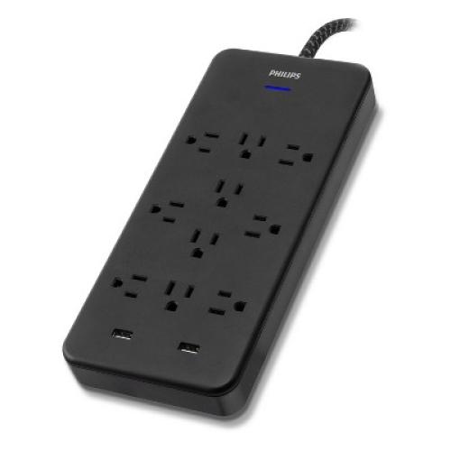 Philips 10-Outlet Surge 6' Braided cord 2880J 2 USB-A - 2.4A Adapter-Spaced - Black