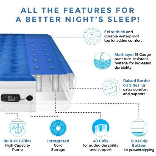SoundAsleep Dream Series Air Mattress with ComfortCoil Technology & Internal High Capacity Pump -  Queen - Blue