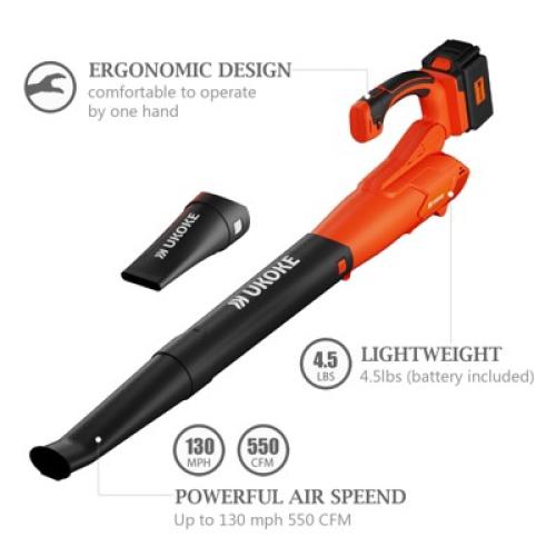 Ukoke Powerful 40V Brushless Cordless Blower (130 MPH / 550 CFM),for Blowing Snow Debris, Leaves, and Dust 2.0Ah Battery and Charger Included, Orange