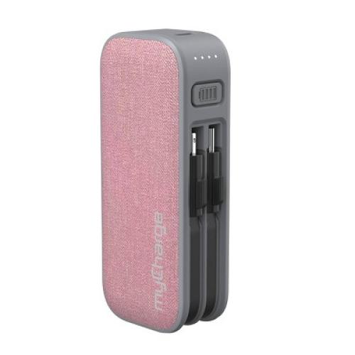 myCharge PowerHub Mini 3000mAh/12W Output Power Bank with Integrated Charging Cables - Pink