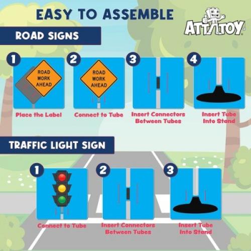 Attatoy 42 Large Traffic Signs Playset, 32pc Set; Street Sign and Traffic Light Set for Play with Ride-On Cars and Vehicles