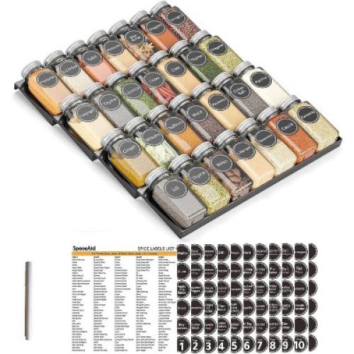 SpaceAid 4 Tier Glass Spice Drawer Organizer with 28 Jars, 386 Labels, for Kitchen Drawers,Black