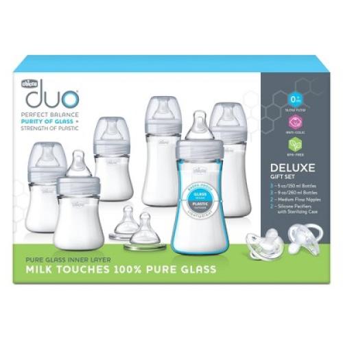 Chicco Duo Deluxe Hybrid Baby Bottle Gift Set with Invinci-Glass Inside/Plastic Outside - Gray - 10pc