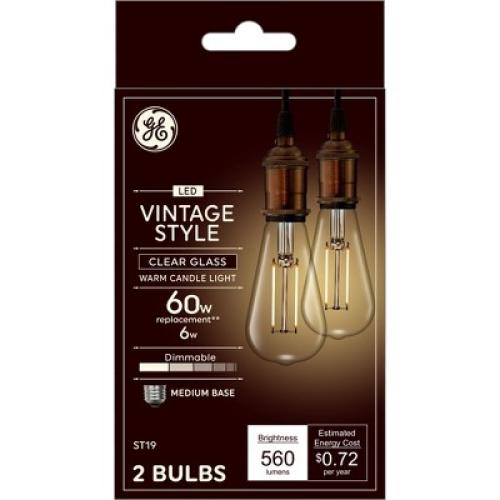 GE 2pk 60W Vintage Style ST19 LED Edison Light Bulbs Clear Glass
