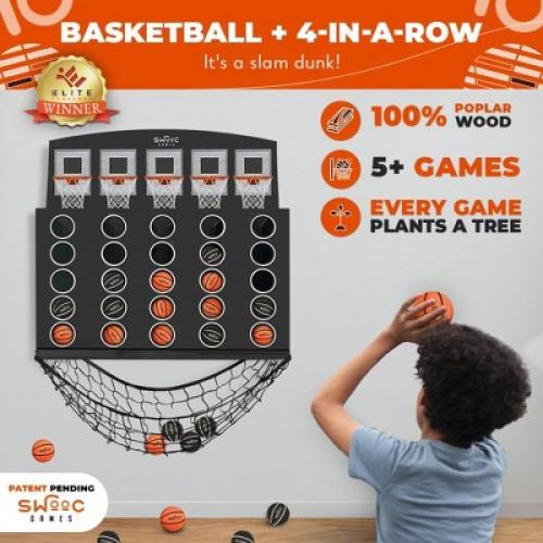 SWOOC Games - Low Post Lineup | Wall Mounted Giant Basketball 4 In A Row w/ 5  Games | Basketball Hoop For Room Wall Games | Mini Game Room Games