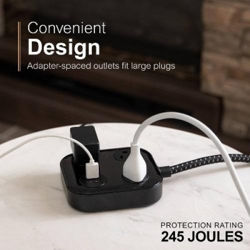 GE 3-Outlet Surge Protector with USB 1 USB-A 1 USB-C 20W Shared 245J 4' Braided Cord Black