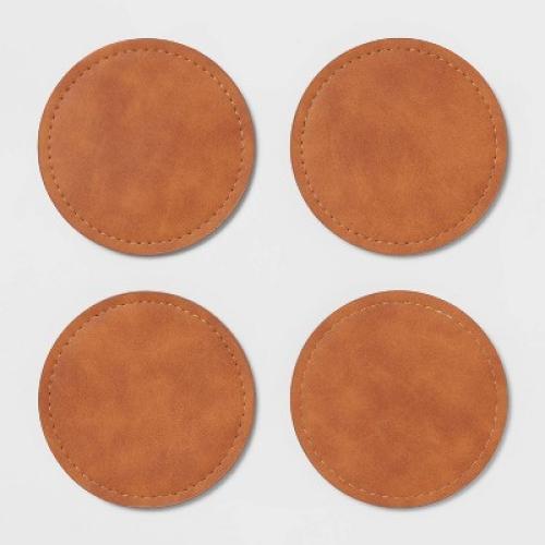 Faux Leather Coasters - Threshold™: Brown Polyethylene Cup & Table Drink Coasters, Traditional Style, 4x4 (missing 1)