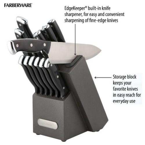 Farberware 14pc Triple Rivet Knife Block Set with Edgekeeper Sharpener Graphite: Stainless Steel Cutlery, Hand Wash‼️missing 2 ‼️
