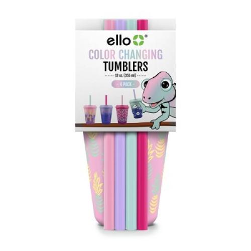 (total of 8 cups and 5 tops) Ello 12oz 4pk Plastic Chameleon Color Changing Cups with Twist on Lids Purple