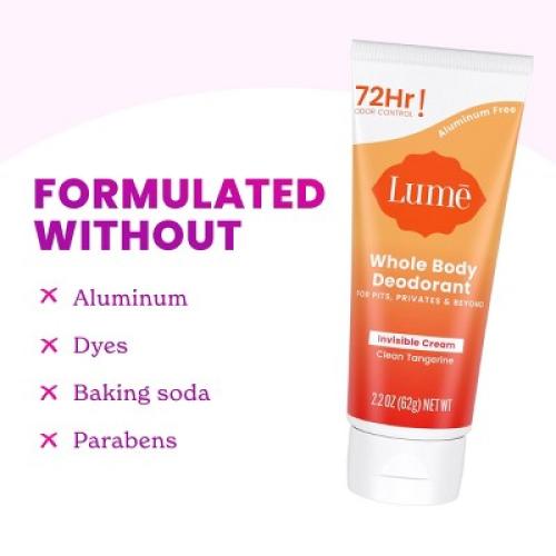 Lume Whole Body Women's Invisible Cream Tube Deodorant Clean Tangerine Scent 2 pack