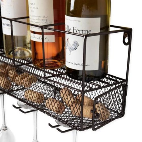 True Wall Mounted Wire Wine Rack with Cork Cage, Stemware Holder, Holds 5 Bottles & 4 Wine Glasses