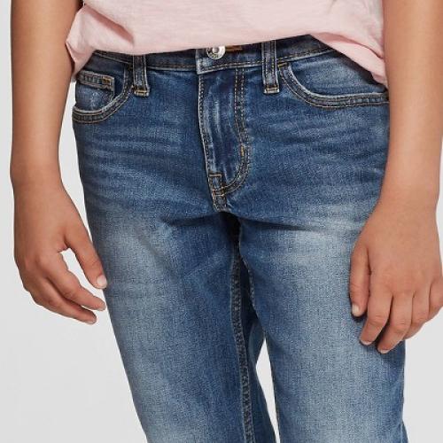 Boys Stretch Straight Fit Jeans - Cat & Jack Medium Blue 16: Denim, Adjustable Waistband, Mid Rise