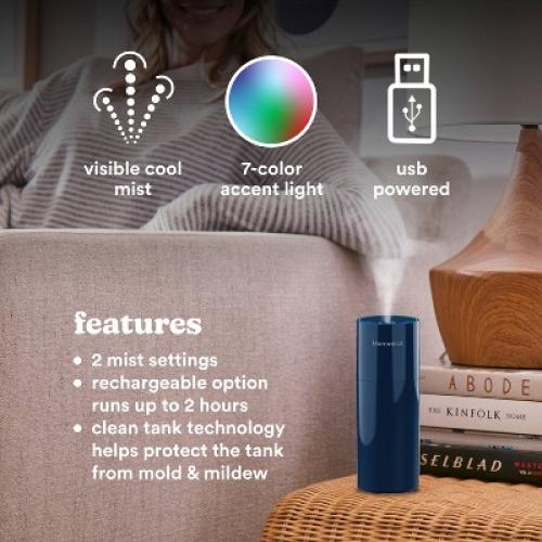HoMedics Portable Ultrasonic Humidifier Navy: Travel & Personal Cool Mist for Small Rooms, USB & Battery Powered