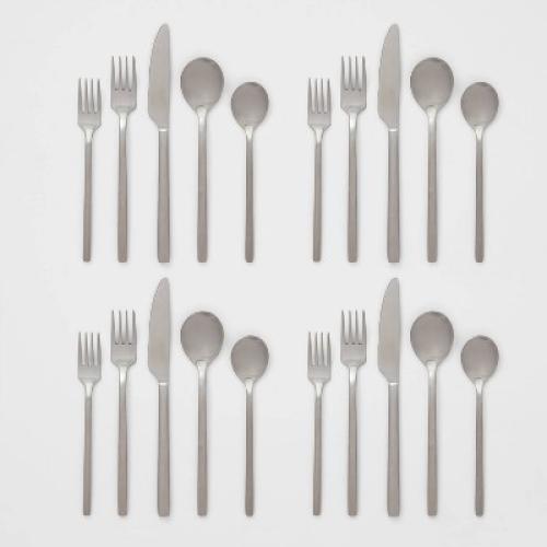 20pc Ashby Flatware Set Silver - Threshold™: Stainless Steel Silverware, Service for 4, Forks Spoons Knives Set missing accessories