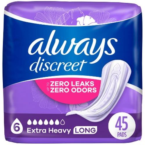 Always Discreet Incontinence and Postpartum Incontinence Pads for Women - Extra Heavy Absorbency - Long Length - 45ct