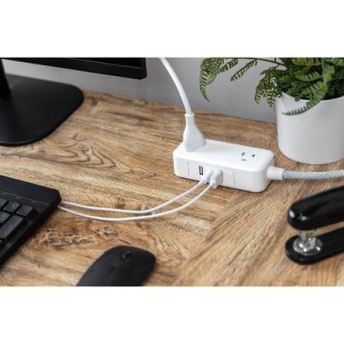 GE 2-Outlet Extension Cord 2 USB-A 1 USB-C 12W 6' Braided White/Gray
