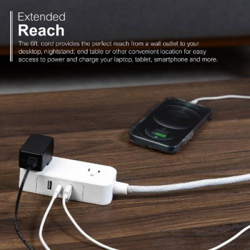 GE 2-Outlet Extension Cord 2 USB-A 1 USB-C 12W 6' Braided White/Gray