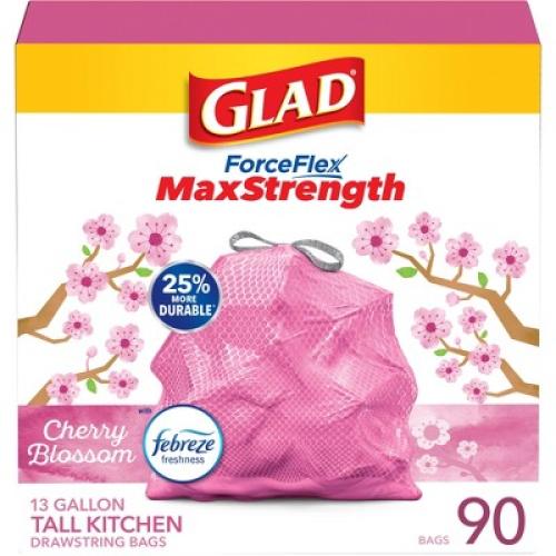 Glad ForceFlex MaxStrength Tall Kitchen Drawstring Pink Trash Bags - Cherry Blossom - 13gal/90ct