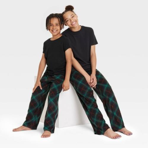 Size L Kids' Plaid Microfleece Holiday Matching Family Pajama Pants - Wondershop ? Black