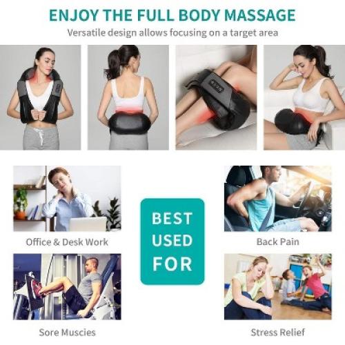 Nekteck Shiatsu Neck & Back Massager - Heat, Deep Kneading - Home, Office, Car -Black