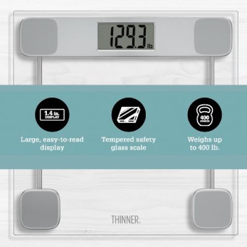 Clear Glass Weight Scale Silver - Thinner: Digital Bathroom Scale with LCD Display, 400 lb Capacity