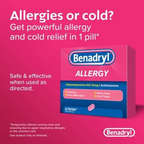 Benadryl Ultratabs Diphenhydramine Antihistamine Cold & Allergy Relief Tablets - 100ct