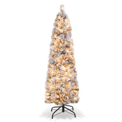 Tangkula 4.5FT Pre-lit Artificial Christmas Tree Snow-flocked Pencil Xmas Tree with 100 Warm White Lights 258 Branch Tips
