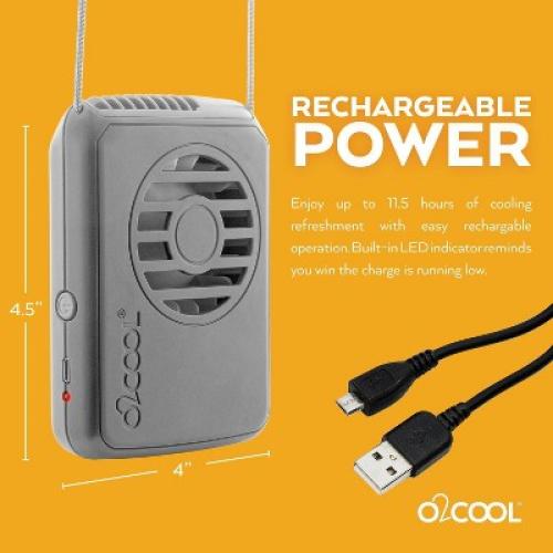 O2COOL Rechargeable Deluxe Necklace Fan with USB Cord Gray
