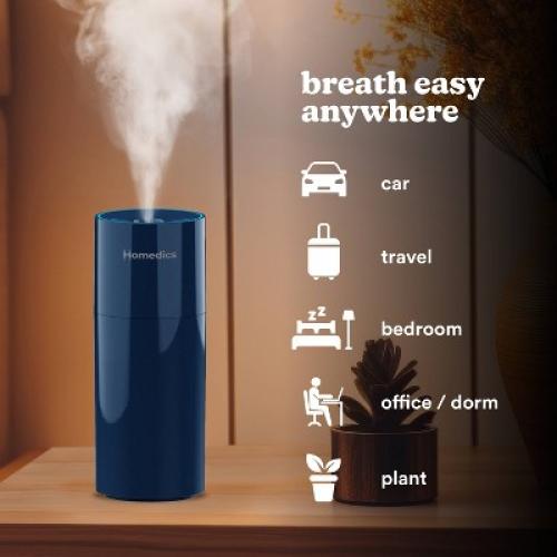 HoMedics Portable Ultrasonic Humidifier Navy: Travel & Personal Cool Mist for Small Rooms, USB & Battery Powered