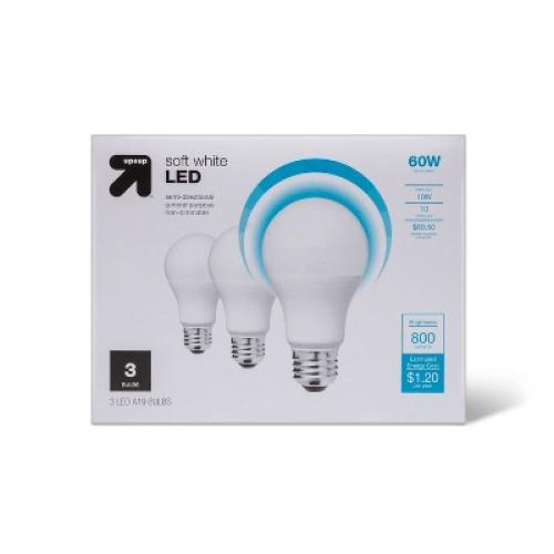 LED 60W 3pk Light Bulbs Soft White - up&up : 800 Lumens, Enclosed Fixture Suitable, 10-Year Life, E26 Base