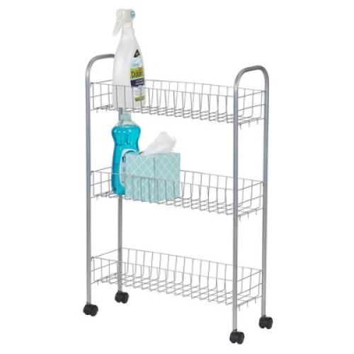 Household Essentials Slim Storage Cart, 3 Shelf Storage Cart with Wheels, Silver