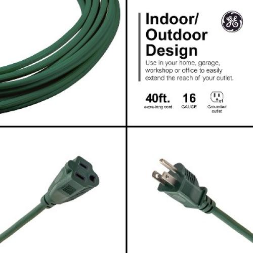 GE 1-Outlet Grounded Extension Cord Outdoor 16AWG 40' Green: 13A, 3-Conductor, Lifetime Warranty, 40ft Length