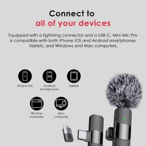 Mini Mic Pro Wireless Microphone for iPhone, Android, Lavalier Microphone for Video Recording