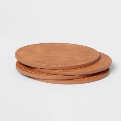 Faux Leather Coasters - Threshold™: Brown Polyethylene Cup & Table Drink Coasters, Traditional Style, 4x4 (missing 1)
