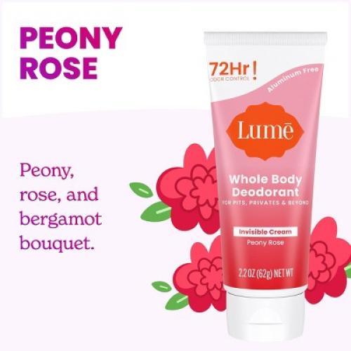 Lume Whole Body Women's Deodorant - Invisible Cream Tube - Aluminum Free - Peony Rose Scent - 2.2oz