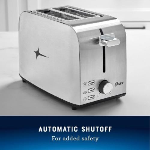 Oster 2-Slice Toaster Stainless Steel With Extra-Wide Slots: Reheat & Bagel Functions, 800W, Spot Clean