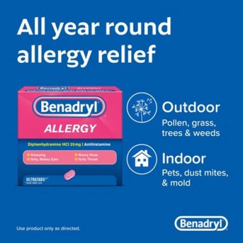 Benadryl Ultratabs Diphenhydramine Antihistamine Cold & Allergy Relief Tablets - 100ct