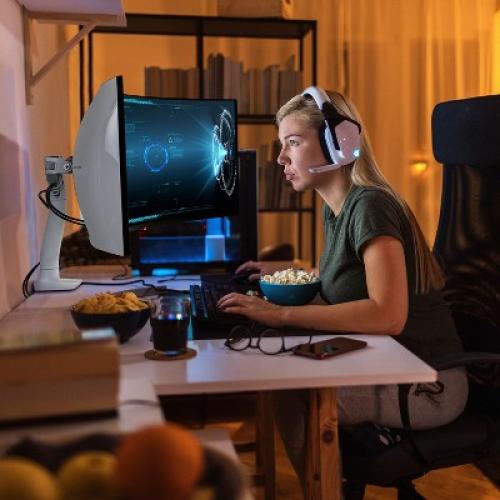 Ergotron HX Single Ultrawide Monitor Arm with HD Pivot, VESA Desk Mount for 1000R Curved Monitors Up to 49 Inches, 28 to 42 lbs - White (45-647-216)