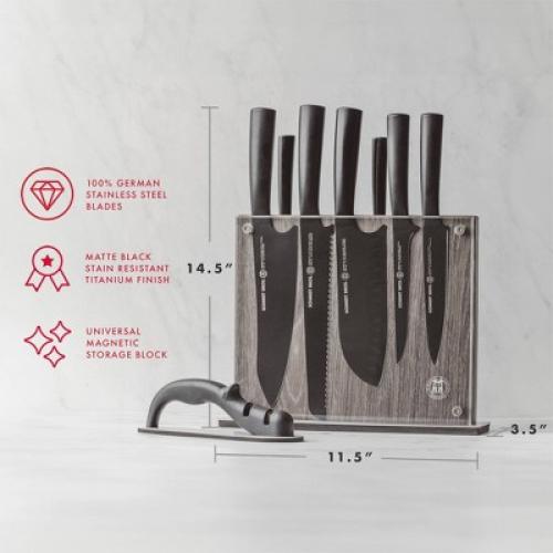 (MISSING A KNIFE) Schmidt Bros Cutlery 9pc Jet Black Series Knife Block Set: Stainless Steel Blades & Handles, Includes Sharpener