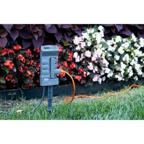 GE Outdoor Digital Stake Timer 6 Grounded Outlet Dusk to Dawn Photocell On/Off 2 Setting 19 Cord: Green Plastic, 1-Year Warranty