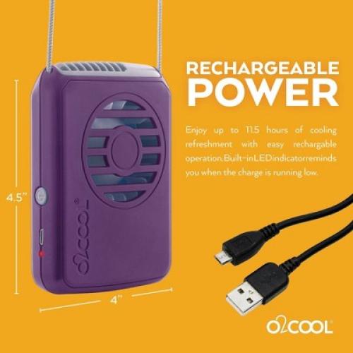 O2COOL Rechargeable Deluxe Necklace Fan with USB Cord Purple