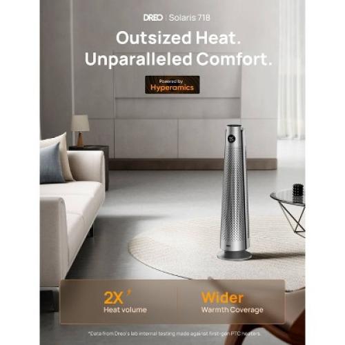 Dreo 1500W Solaris 818 Oscillating Ceramic 30” Indoor Space Heater for Home or Large Bedroom with Remote Control Silver: ETL Listed, 9 Settings
