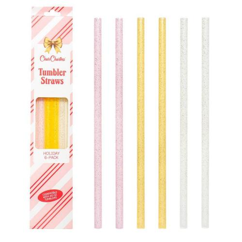 CharCharms 6pk 40oz Holiday Glitter Water Bottle Straws Pink/Gold/White