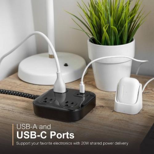 GE 3-Outlet Surge Protector with USB 1 USB-A 1 USB-C 20W Shared 245J 4' Braided Cord Black