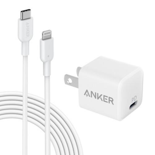Anker PowerPort PD Nano 20W USB-C Wall Charger with 6 ft PowerLine II USB-C to Lightning Cable - White