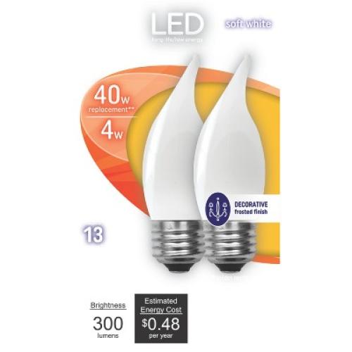 GE 2pk 40W LED Decorative Light Bulbs Soft White: Dimmable, Energy Star, 2700K, E26 Base, 120V, Chandelier Compatible